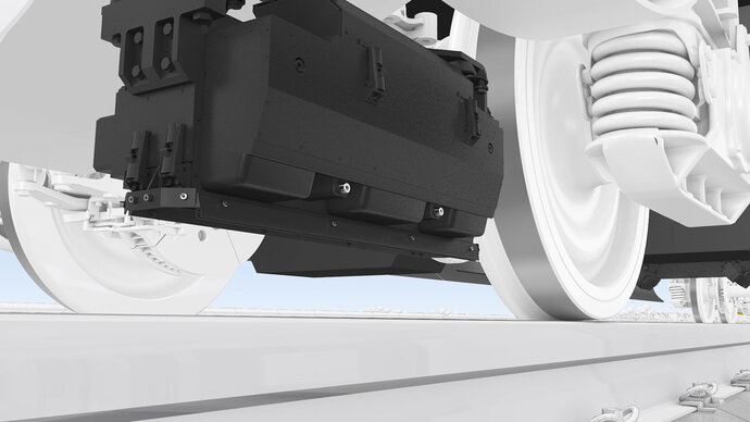 TIS CORE contactless corrugation measurement module mounted between bogie wheelsets.