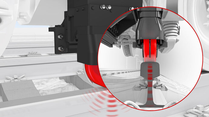 TIS URE rotating ultrasonic wheel with integrated probes mounted under a measuring bogie.”