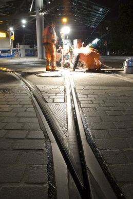 Grooved rail welding at municipal tram track